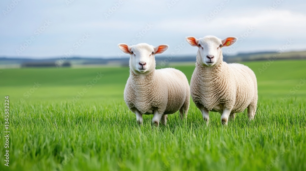 Two Cute Sheep Stand Together in Lush Green Pasture Under Clear Blue Sky on a Sunny Day Two Cute Sheep Stand Together in Lush Green Pasture Under Clear Blue Sky on a Sunny Day