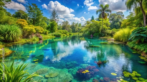 Beautiful serene shrimp pond with crystal clear blue water surrounded by lush green foliage and vibrant aquatic plants, rural scenery, aquaculture