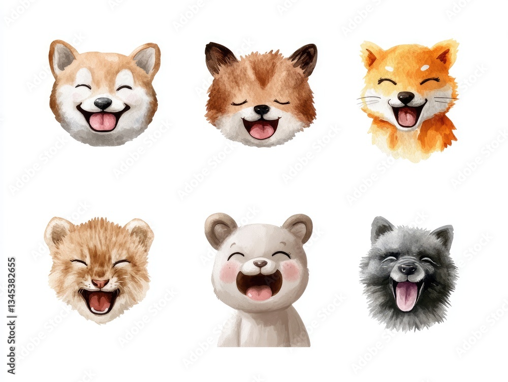 Fototapeta premium Cute animal faces, joyful expressions, digital art