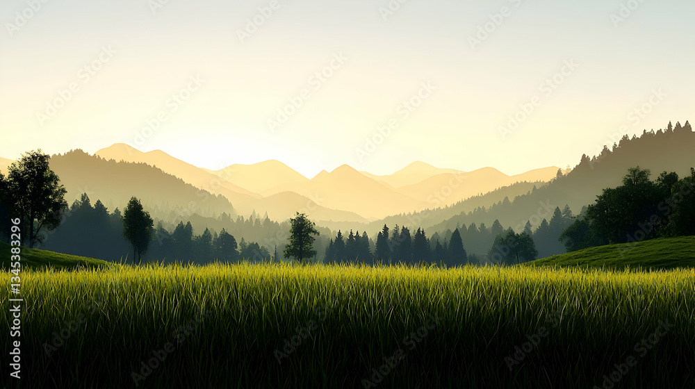 Naklejka premium Pixelated Sunrise View Over Rolling Hills And Valley