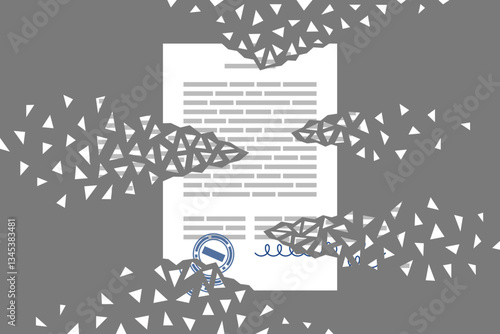 Business document signed and stamped is breaking up into fragments