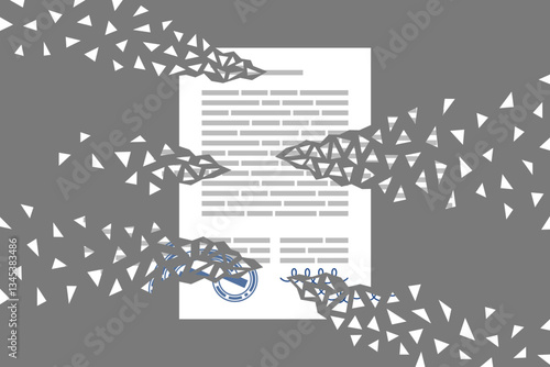Business document signed and stamped is breaking up into fragments
