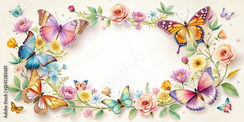 Vibrant butterflies flit about a delicate floral frame with intricate details and soft pastel hues surrounding the flowers, set against a clean white background , home decor, butterflies
