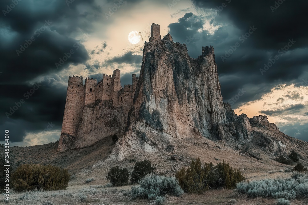 Fototapeta premium ancient castle with towering spires emerging from mountain peak dramatic storm clouds swirling around turrets moonlight illuminating stone walls