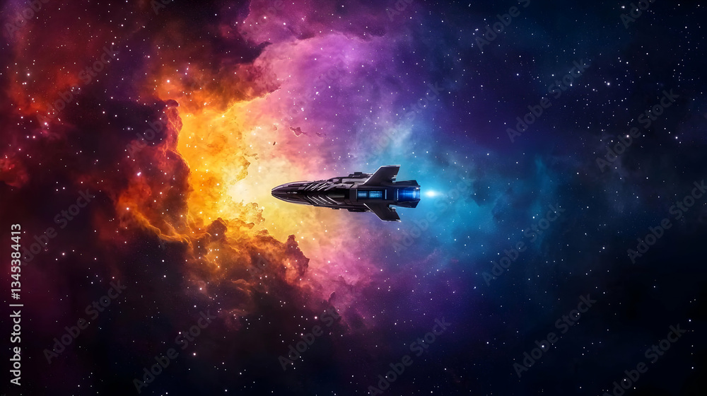 Spaceship Traveling Through Colorful Nebulae In Space Spaceship Traveling Through Colorful Nebulae In Space