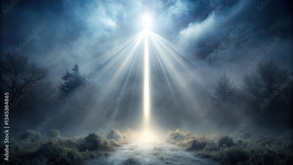 A narrow beam of light passes through a dense fog, creating an ethereal and mystical atmosphere, beam of light A narrow beam of light passes through a dense fog, creating an ethereal and mystical atmosphere, beam of light