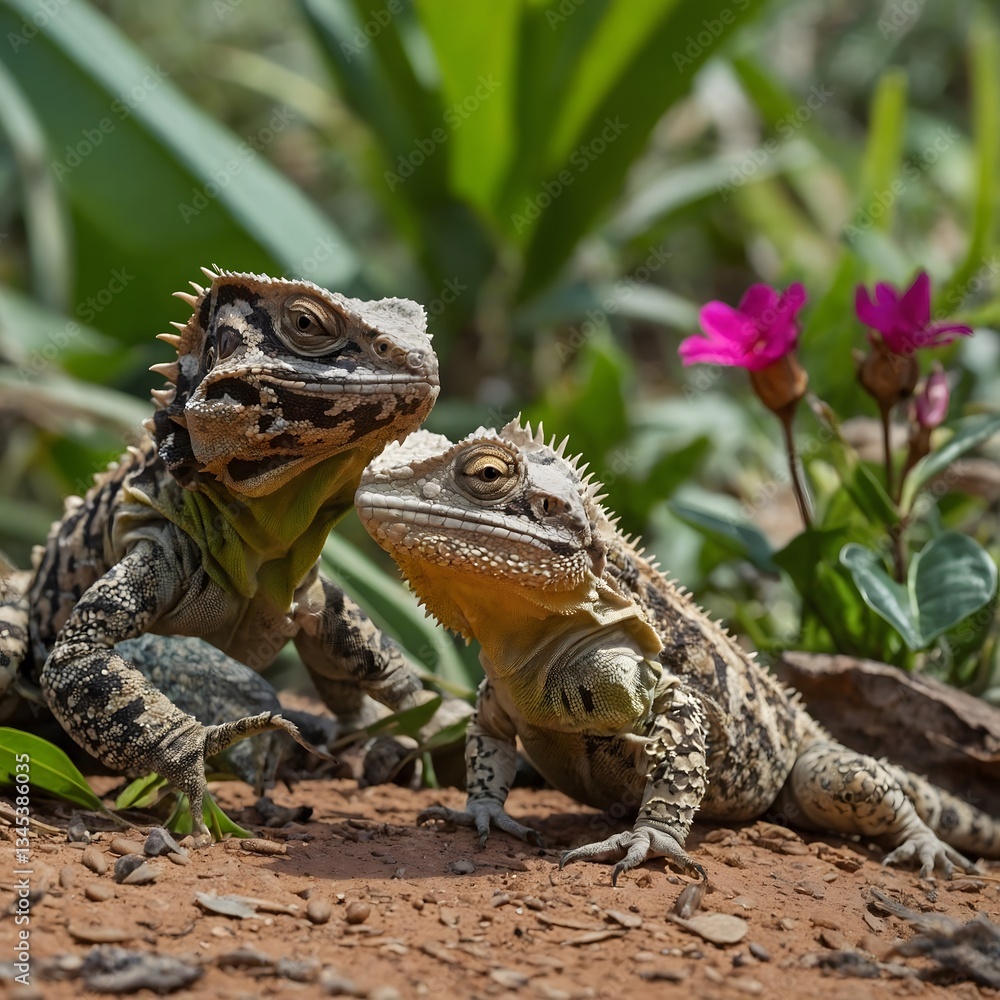 Fototapeta premium Spirited Interactions: A Sri Lankan Horned Lizard's Playful Day Outdoors