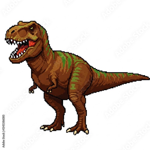 A Tyrannosaurus Rex, carnivorous dinosaur. Pixel style. White background.