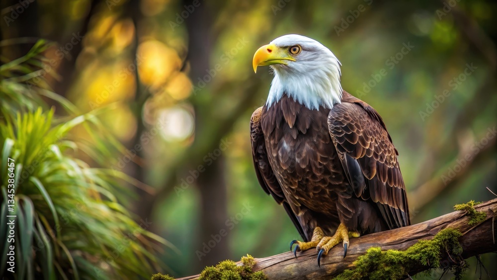 A majestic bald eagle gazing upwards with its head turned to the right, showcasing its powerful facial features and sharp talons on a branch, natural environment, isolated bird eagle staring up A majestic bald eagle gazing upwards with its head turned to the right, showcasing its powerful facial features and sharp talons on a branch, natural environment, isolated bird eagle staring up