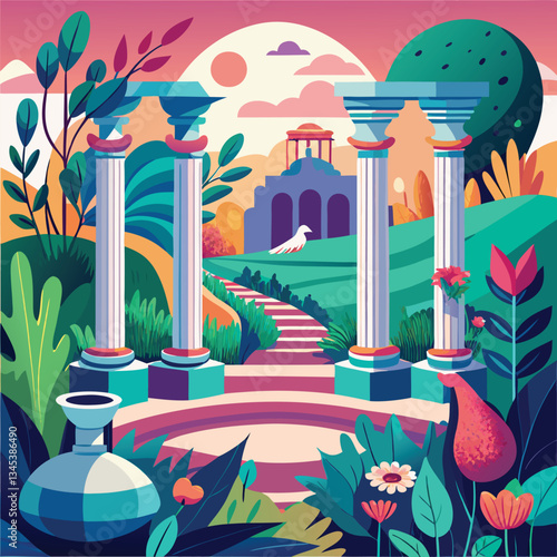 Ancient Roman Ruins with Peacock Flower Vase in Tranquil Garden Oasis