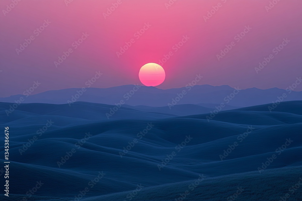 Obraz premium The vibrant pink sun sets above rolling hills in the twilight