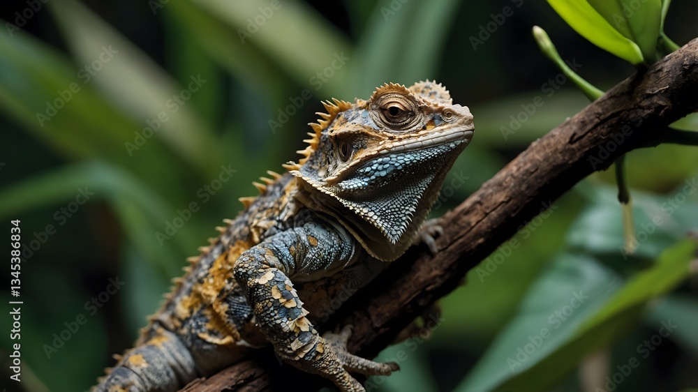 Fototapeta premium Scenic Sovereignty: The Sri Lankan Horned Lizard on a Verdant Perch