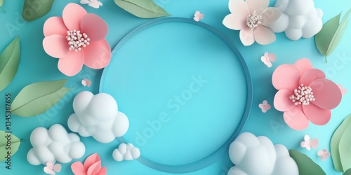 Elegant Floral Papercraft Design with Pastel Colors and Circular Frame on Light Blue Background