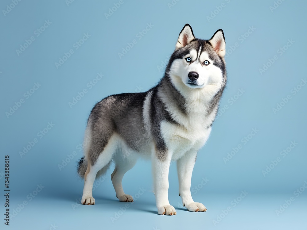Siberian Husky with piercing eyes standing on a solid light blue background, pet dog, dog breed Siberian Husky with piercing eyes standing on a solid light blue background, pet dog, dog breed
