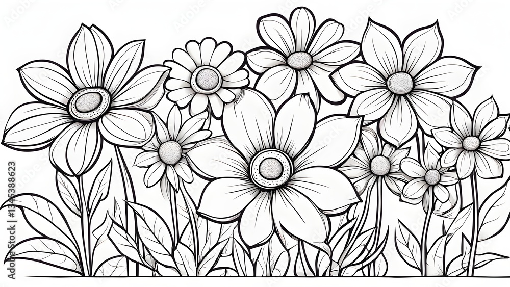 Fototapeta premium A detailed line drawing showcases a cluster various black white flowers, intricately designed leaves stems.