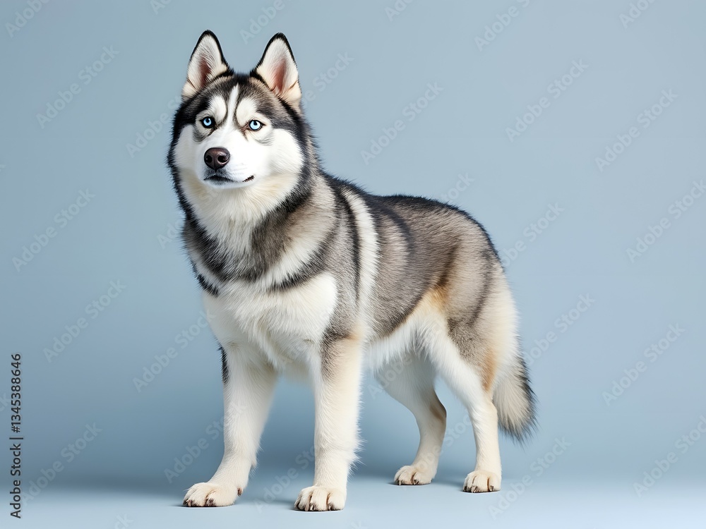Siberian Husky with piercing eyes standing on a solid light blue background, pet dog, dog breed Siberian Husky with piercing eyes standing on a solid light blue background, pet dog, dog breed