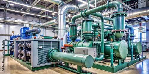 Centrifugal chiller system in operation with pumps and condenser, surrounded by cooling coils and piping , industrial cooling systems, centrifugal chillers