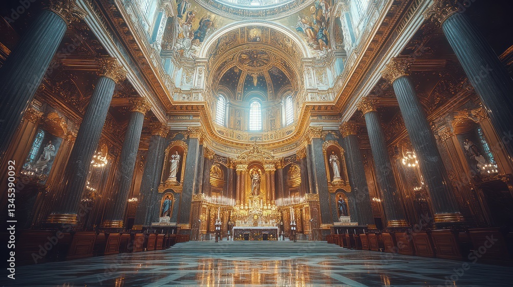 Grand, ornate church interior with golden details, high vaulted ceiling, and columns Grand, ornate church interior with golden details, high vaulted ceiling, and columns