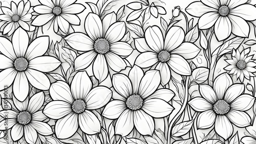 Close-up a detailed black white floral illustration featuring various flowers leaves.