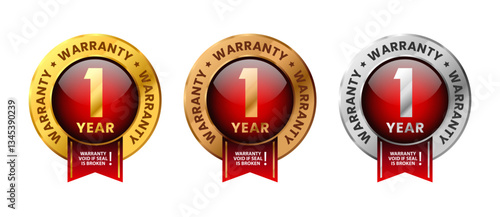 1 year warranty label. For icon, logo, insigna, seal, tag, sign, seal, symbol, badge, stamp, sticker, emblem, banner. Gold, silver and bronze glossy shiney medals with ribbon set vector illustration