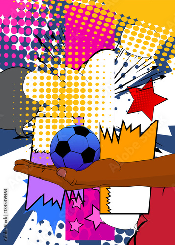 Wallpaper Mural Cartoon, comic book human hands holding Soccer Ball. Retro vector comics pop art design. Torontodigital.ca