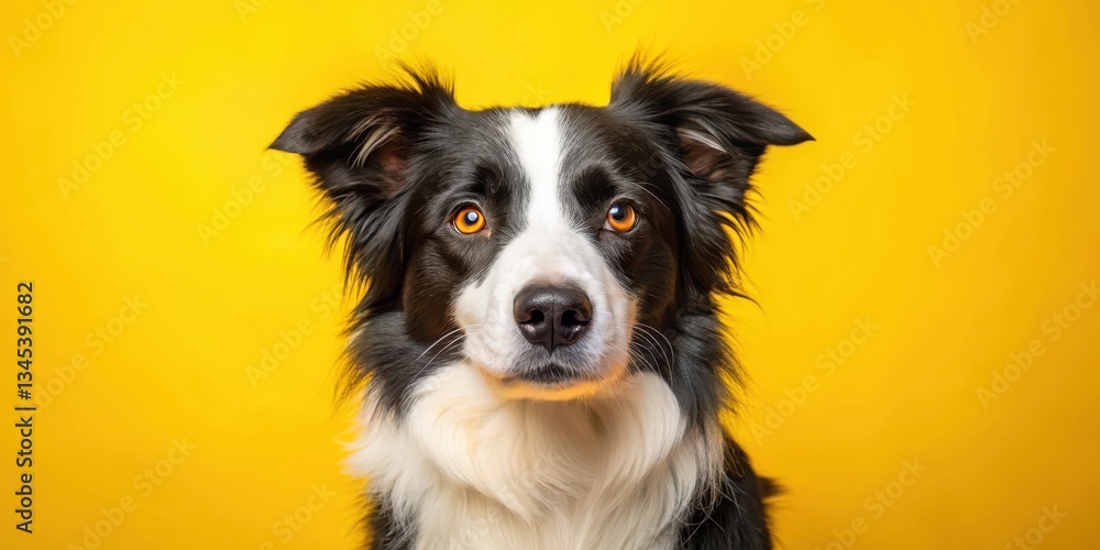 Intelligent Border Collie with bright eyes sitting on a plain yellow background Intelligent Border Collie with bright eyes sitting on a plain yellow background