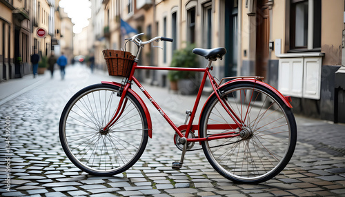 A close-up photograph of a vintage red bicycle parked on a cobblestone street in a European town. 