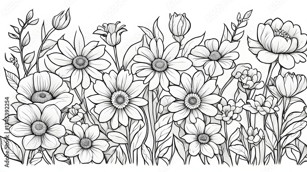 Fototapeta premium A detailed black white illustration showcasing a vibrant array wildflowers full bloom.