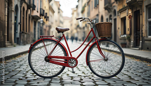 vintage red bicycle parked on a cobblestone street in a quaint European town. The bicycle's classic design 