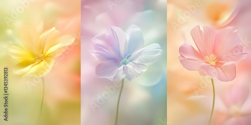 Delicate Pastel Flowers In Soft Focus Against A Dreamy Muted Backgrounds Of Nature's Beauty. Flowers in Soft Focus. Botanical Art. Pastel Florals. Whimsical Spring Flowers.  Muted