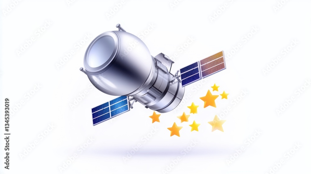 Fototapeta premium Satellite with solar panels and stars on a white background