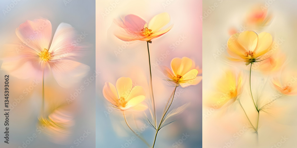 Obraz premium Delicate Floral Triptych Featuring Soft Pink And Yellow Flowers On A Light Backgrounds. Airy Bloom. Gentle Floral Design. Pastel Tones. Lush Flora. Whimsical Arrangement