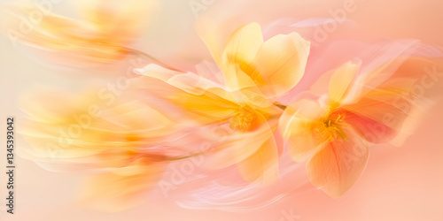 Soft Focus Golden Yellow Cherry Blossom Flowers Against A Light Pink Background (Image) of Spring Nature's Beauty for Social Media Post or Other Uses, High Quality, Colorful