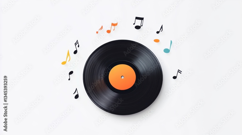 Obraz premium Vinyl record with colorful music notes on white background