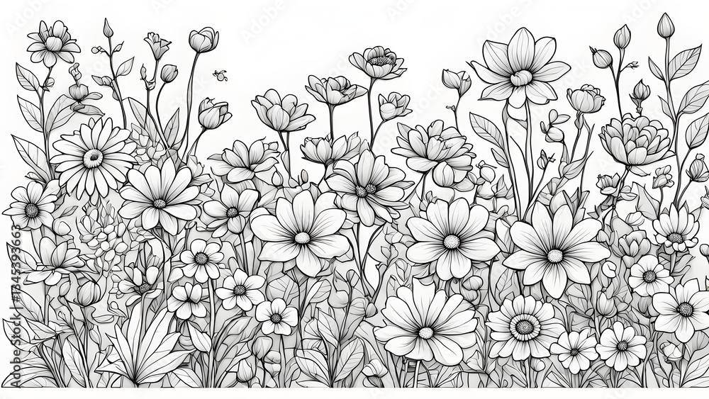 Fototapeta premium A detailed illustration a lush meadow filled various monochrome flowers, meticulously drawn a detailed line art style.