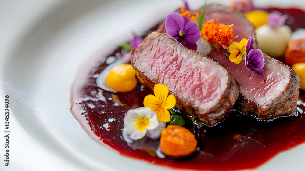 of an intricately plated dish featuring duck breast with a red wine reduction and edible flowers of an intricately plated dish featuring duck breast with a red wine reduction and edible flowers