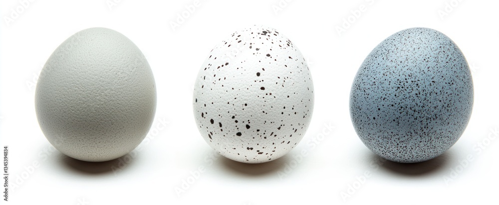 Three different eggs showing textured surfaces and speckled patterns on white Three different eggs showing textured surfaces and speckled patterns on white