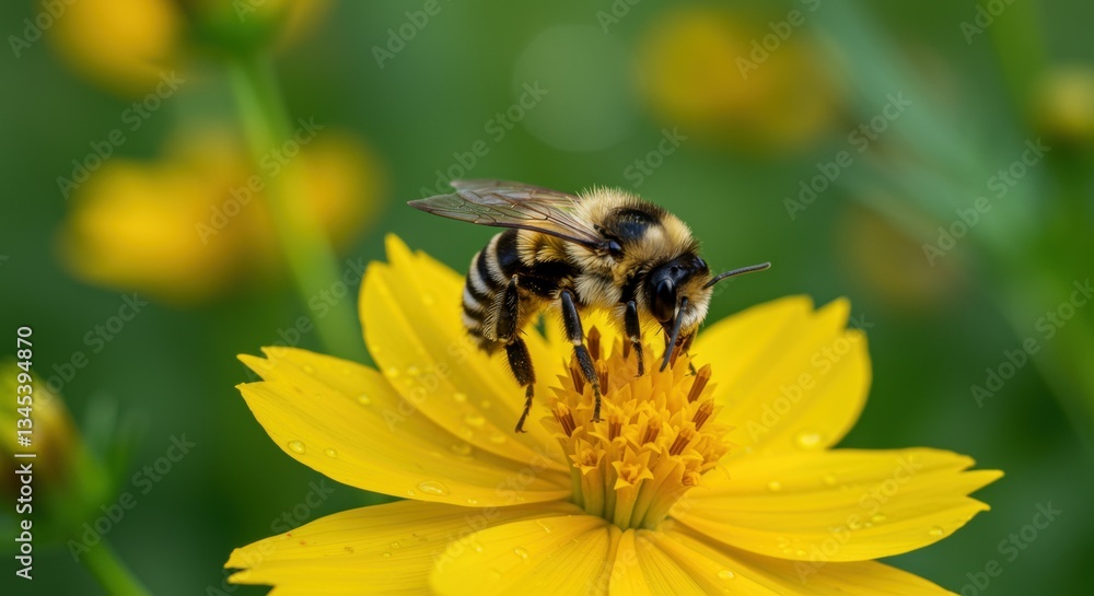 A honeybee collects nectar from a vibrant yellow flower, showcasing its delicate wings and fuzzy body. Blurred green foliage surrounds the blooming flower, emphasizing its beauty. A honeybee collects nectar from a vibrant yellow flower, showcasing its delicate wings and fuzzy body. Blurred green foliage surrounds the blooming flower, emphasizing its beauty.