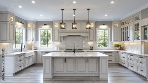 Spacious, light-filled kitchen with elegant, minimalist cabinets, and large island