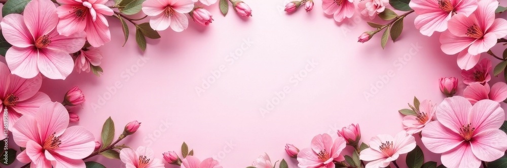 Intricate pink floral frame with lush blossoms and leaves on soft pink backdrop , flowers, romance Intricate pink floral frame with lush blossoms and leaves on soft pink backdrop , flowers, romance