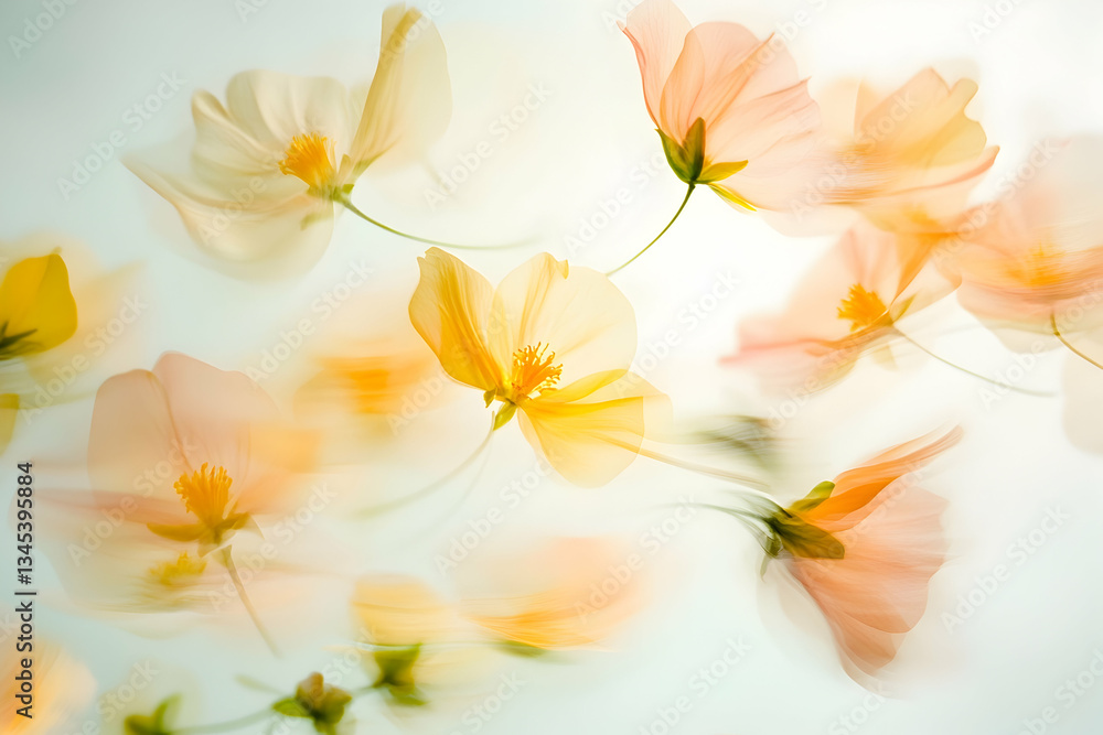Naklejka premium Soft Pink And Yellow Flowers With Delicate Motion Blur Against A Light Backgrounds