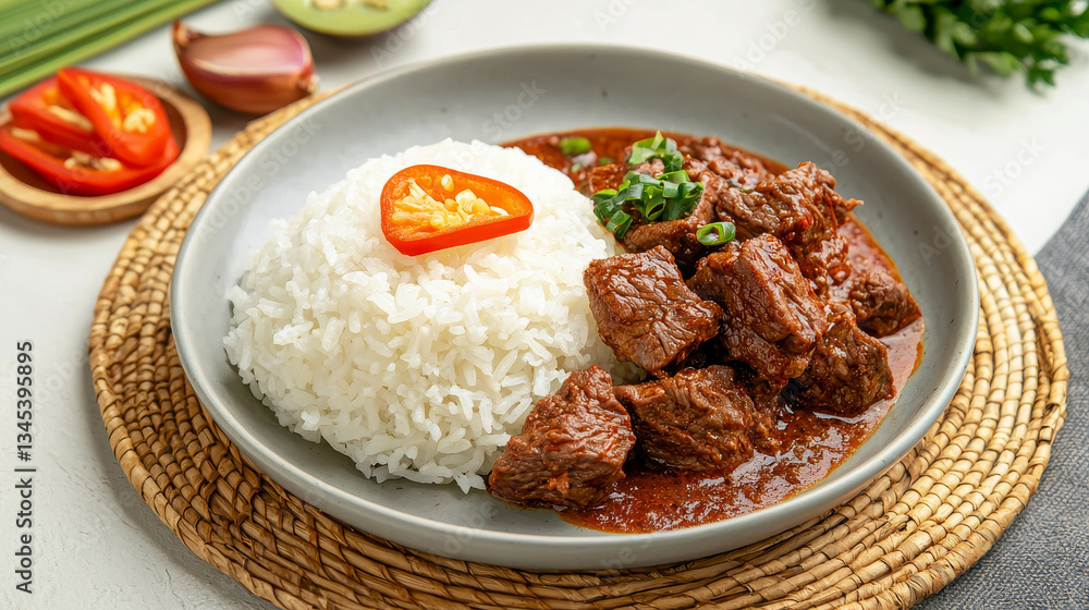 Delicious plain rice served with savory beef chunks in rich sauce, garnished with fresh herbs and chili, creating mouthwatering dish Delicious plain rice served with savory beef chunks in rich sauce, garnished with fresh herbs and chili, creating mouthwatering dish