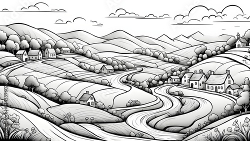 A charming black white illustration a picturesque countryside rolling hills, a winding river, quaint houses.