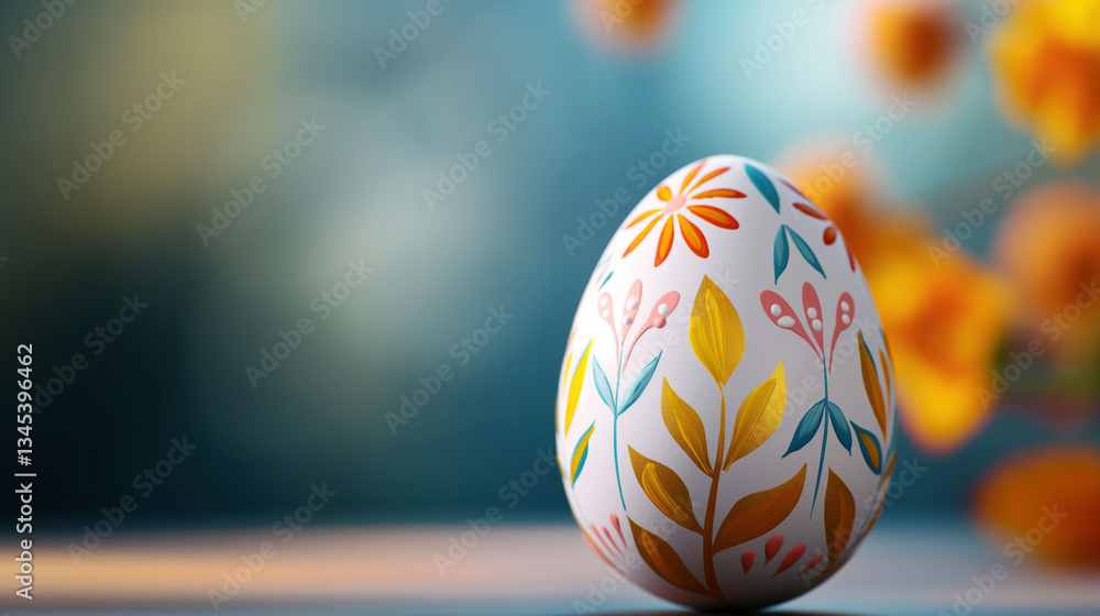 Fototapeta premium Intricate Painted Easter Egg With Floral Patterns Illuminated by Soft Light Against a Backdrop of Blooming Flowers
