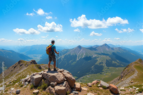Hiker with backpack on rocky peak, overlooking vast mountain range under bright sky. Spring adventure, nature exploration, breathtaking views, symbolizing freedom and connection with wilderness.