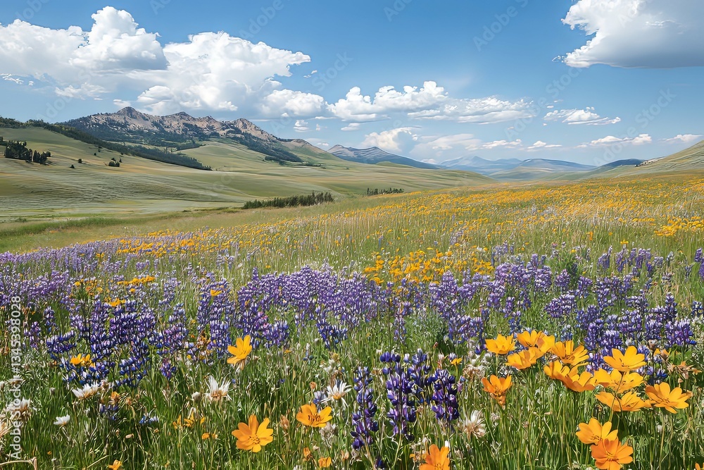 Obraz premium A beautiful landscape showing colorful wildflowers and distant mountains under a bright sky