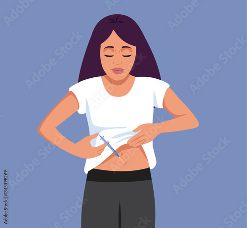Woman Doing Injections in Her Abdominal Area Vector Medical Illustration. Female patient taking care of herself and her chronic condition
