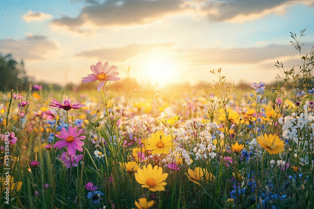 A Beautiful Field Of Colorful Wildflowers Under The Sunset Sky A Beautiful Field Of Colorful Wildflowers Under The Sunset Sky