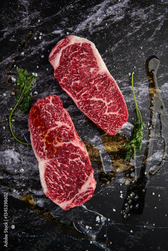 Close-up of premium raw wagyu steak with marbling texture
