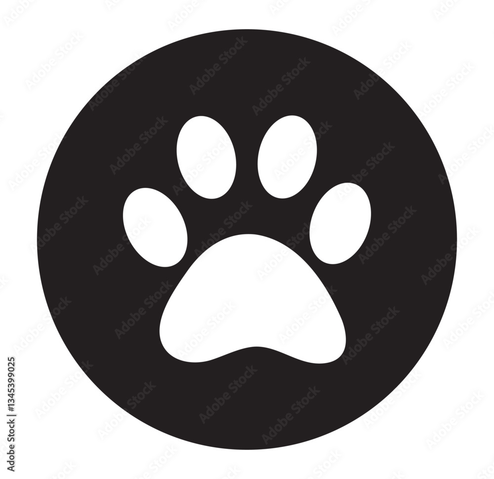 Fototapeta premium Footprint pet. Paw prints. Dog or cat vector, icon. Foot puppy isolated on white background. Black silhouette paw. Cute shape paw print. Walks for design. Trace foot dog, cat, Tiger, wolf.